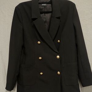 Bardot Odyssey Black Double Breasted Blazer with Gold Crest Buttons, Size S